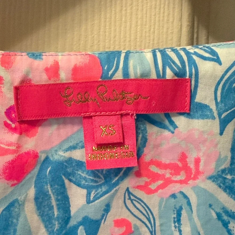 Lilly Pulitzer Ivee Top XS Bondi Blue My Little Peony Cotton Puff Sleeve V-Neck